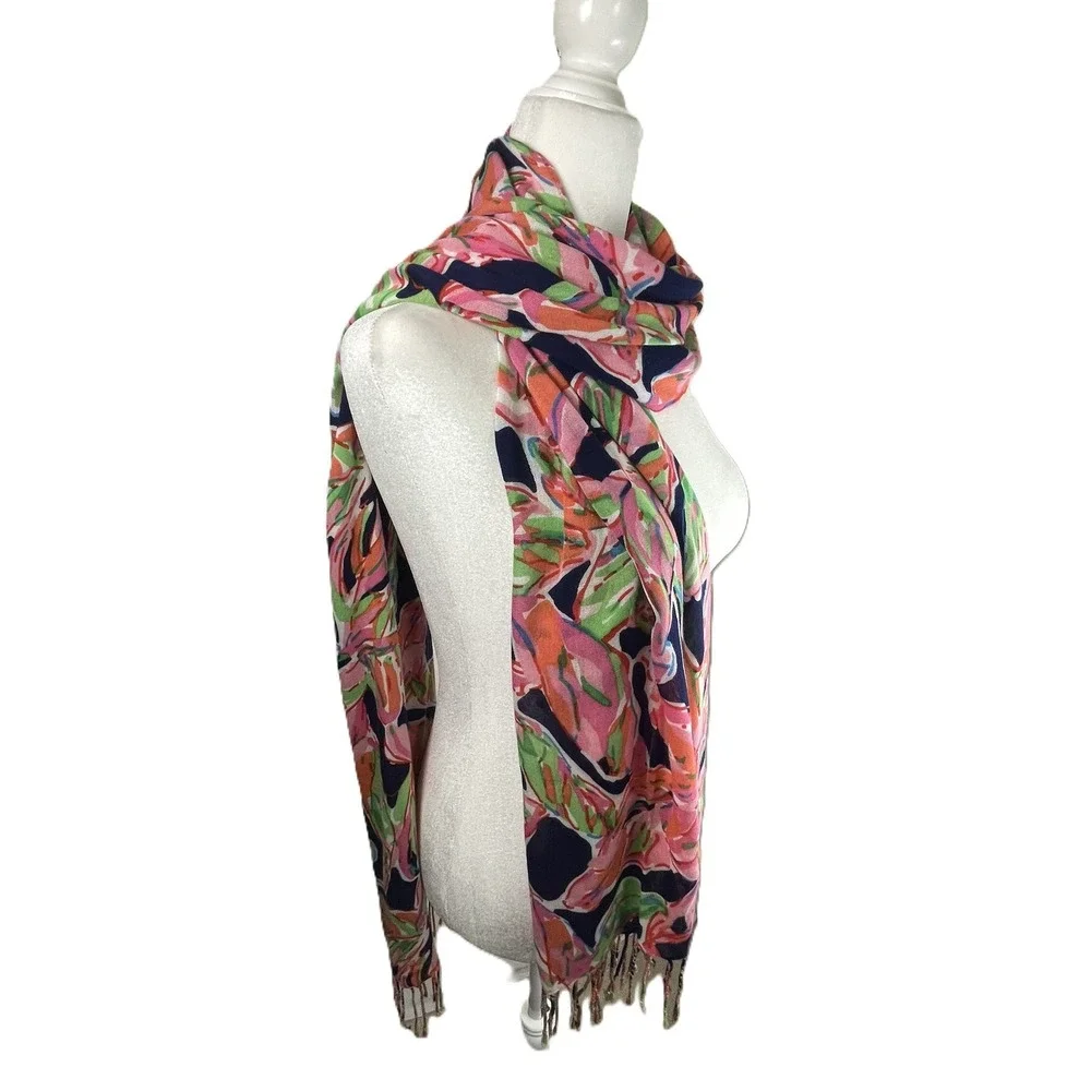Lilly Pulitzer Murfee Scarf Tusk In Sun Pink Navy Blue Palm‎ Leaf Fringe 10126